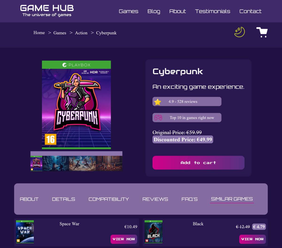 Game Hub product page, showcasing theme switcher and dynamic reviews